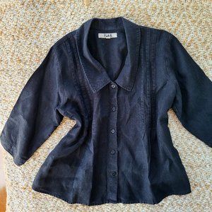 FLAX 100% Linen Solid Black 3/4 Sleeves Button Down Collared Oversized Shirt